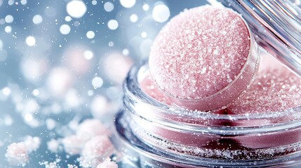 Poster -   A jar of pink powder rests atop a blue and white snow-covered landscape, surrounded by white and pink snowflakes