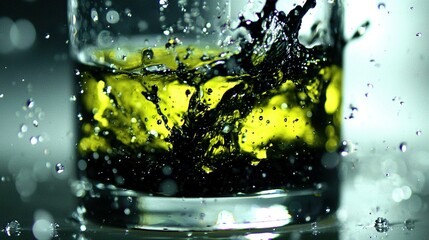 Canvas Print -   A close-up of a glass of water with liquid splashing from the top and a yellow substance in the middle