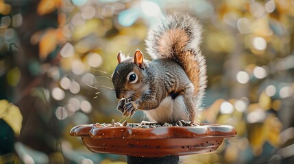 Wall Mural - Squirrel stealing sunflower seeds from a terracotta bird feeder in my backyard