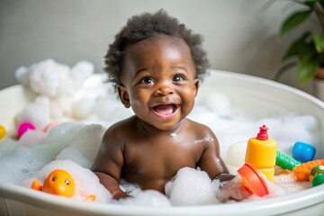 African descent kid enjoying bath tub. Bathing without tears. cute emotional baby is engaged in hygiene procedures, smiling. disinfection, prevention against diseases and viruses