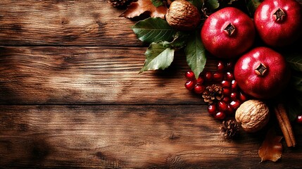 Wall Mural -   A cluster of pomegranates placed on a wooden table with nearby leaves and acorns