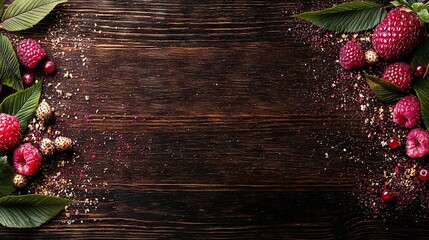 Poster -   A wooden table with raspberries and green leaves on top of granola next to raspberries and leaves