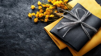 Sticker -   Yellow napkins in twine, black backdrop, yellow flowers