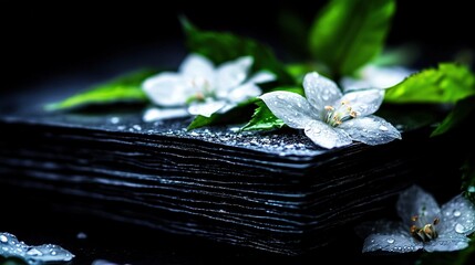 Wall Mural -   A collection of black cards topped with white blooms and adorned with droplets of water on their edges