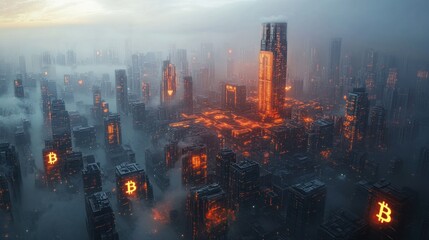 Sticker - Futuristic Cityscape with Bitcoin Symbol