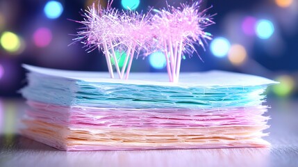 Wall Mural -   A stack of folded papers sits on a table next to pink and blue sprinkles