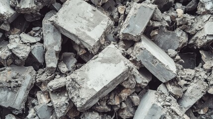 Crumbled pieces of concrete debris piled up, showcasing the rough, uneven surfaces and the aftermath of demolition