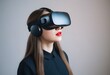 © Mahmudul - Virtual experience, a young woman using virtual reality glasses, playing a game or interacting with a metaverse, portrait in profile on a black background
