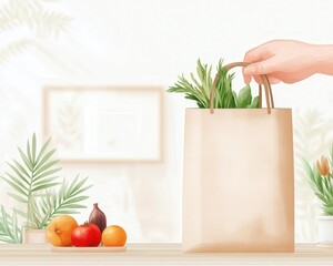 A hand holding a paper bag filled with fresh produce, set against a light, airy background with fruit on a table.