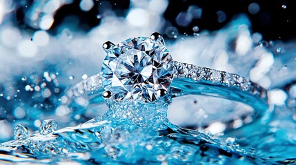 Wall Mural -   A close-up of a diamond ring with water droplets on its surface and the base, highlighting the intricate design