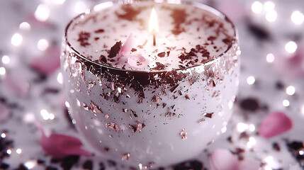 Poster -   A clear photo of a lit candle placed on a table amidst colorful confetti and a soft, hazy backdrop