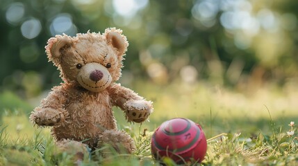 Wall Mural - stuffed toy bear playing ball on a grass meadow