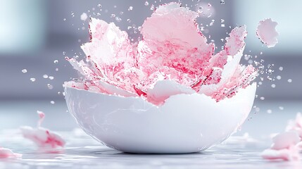 Sticker -   A close-up of a white bowl with a pink flower submerged, and water splashing out