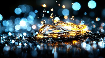 Wall Mural -   A close-up of liquid splashing on a black surface with blue and yellow boke lights in the background