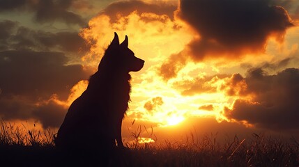 Naklejka na meble Emotional scene of a dogsilhouette at sunset, with a heavenly sky symbolizing spiritual connection and reunion with departed pets