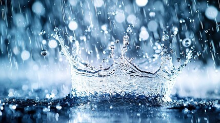 Wall Mural -   A close-up of a water splash with a crown on the ground amidst rain pouring down