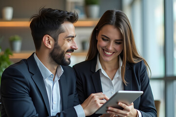 business partners are looking at a tablet