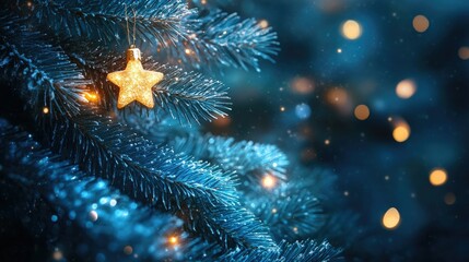 Enchanting wintery background with sparkling blue pine needles and softly glowing stars, capturing the magic of the Christmas season