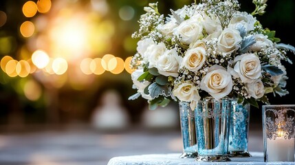   A vase brimming with white blossoms sits atop a table, adjacent to another vase holding white flowers