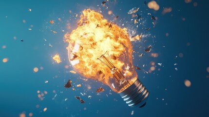 Poster - Fiery explosion of a light bulb in mid-burst, with flames and broken glass, rendered in 3D against a cool blue background.