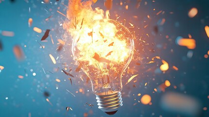 Poster - Fiery explosion of a light bulb in mid-burst, with flames and broken glass, rendered in 3D against a cool blue background.