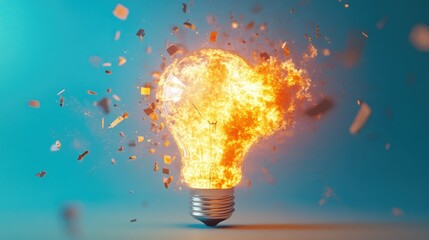 Poster - Fiery explosion of a light bulb with flames and debris scattered, rendered in 3D with a bright blue background, symbolizing creative energy.