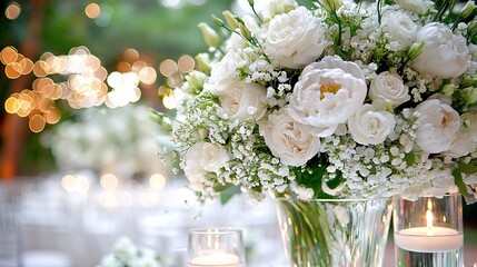   A vase filled with white flowers sits atop a table, next to a candle and another vase of white flowers