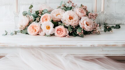 Poster -   Pink flowers on white table, near candle holder & white brick wall