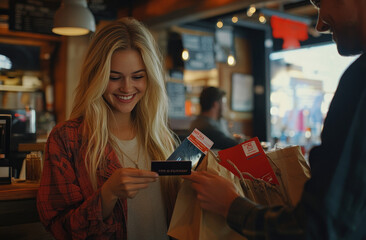 Wall Mural - A young blonde woman is smiling and handing over her credit card to the saleswoman in front of a restaurant counter.