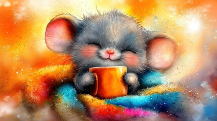 Wall Mural -   A mouse in a scarf, holding a coffee cup