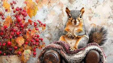 Wall Mural -   A painting of a squirrel sitting on a blanket beside a potted plant and another potted plant