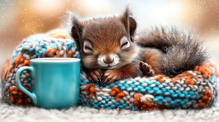 Wall Mural -   A small squirrel rests peacefully on a blue blanket, its head resting on a knitted blanket The coffee mug sits nearby