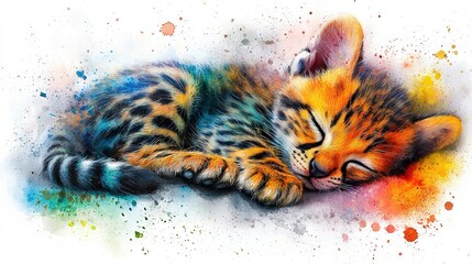   A kitten sleeps peacefully atop a colorful paint-splattered floor, eyes closed