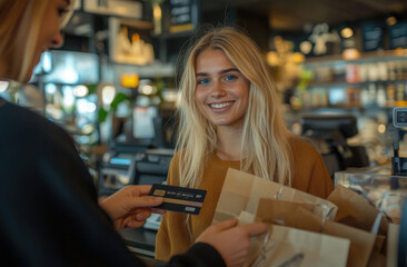 Canvas Print - A young blonde woman is smiling and handing over her credit card to the saleswoman in front of a restaurant counter.