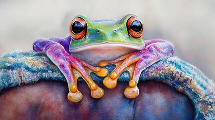 Wall Mural -   A portrait of a frog perched on a person's head, with their hands resting on their chest