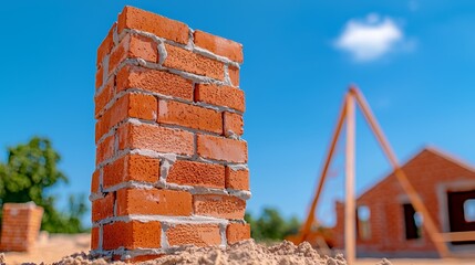 Wall Mural - Close-up of Red Brick Wall in Construction Site with Clear Blue Sky