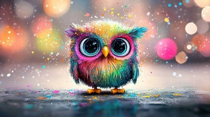 Wall Mural -   A vibrantly hued owl perched atop a puddle, with a fuzzy boke of lighted backdrop