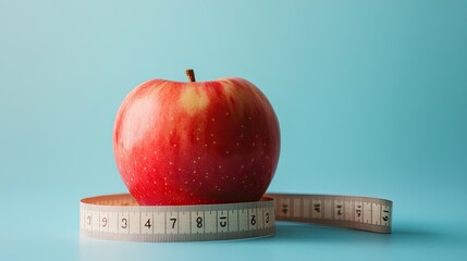 Healthy eating concept with a red apple and a measuring tape, symbolizing weight management on a blue background.