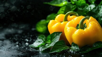 Canvas Print -   A cluster of golden bell peppers perched atop verdant foliage atop a dark background