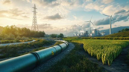 Hydrogen pipeline feeding a green energy factory, with wind turbines turning in the background, representing eco-friendly innovation