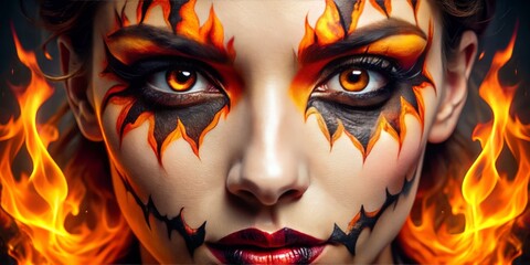 A fiery gaze captivates attention as vibrant orange and red hues dance around her eyes, a bewitching Halloween