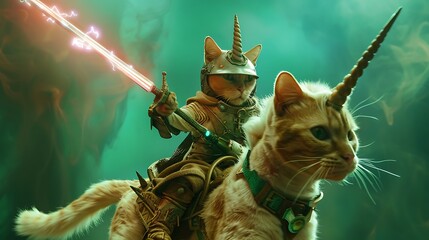 The cat alien in a helmet with horn and color boots with a glowing sword is riding the real unicorn green background