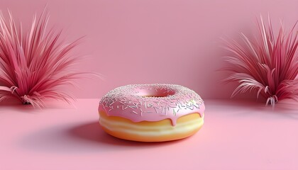 Minimalist 3D Background Featuring Pink Fluffy Donut Surrounded by Lush Plants for a Stylish Wallpaper Idea