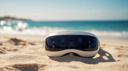 A VR headset lying on the sand at an empty beach, showing its front view and displaying all of its buttons and touchpads. Product photography