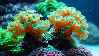 Vibrant Coral Reef Aquascape with Lush Green Algae in a Summer Oceanic Setting