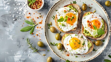 Sticker - Top view of a healthy breakfast on kitchen table with avocado toast with fried egg served in a plate with green olives and himalayan salt