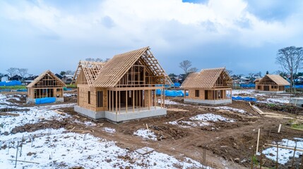 Wall Mural - Construction of Wooden Frame Houses in a Snowy Landscape