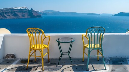 Wall Mural - Two chairs on a balcony in the town of oia on make up a tranquil scene with the island of background