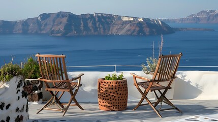 Two chairs on a balcony in the town of oia on make up a tranquil scene with the island of background