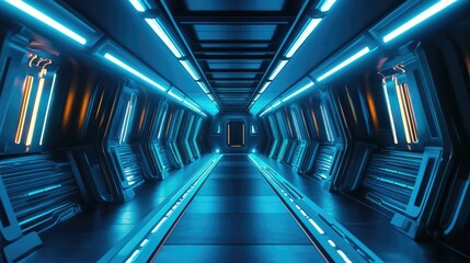 Spacecraft corridor with advanced material design and glowing futuristic lighting, creating a high-tech, space-age atmosphere